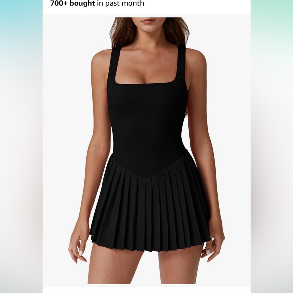 QINSEN Womens Square Neck Tennis Dress Pleated Sleeveless size small black